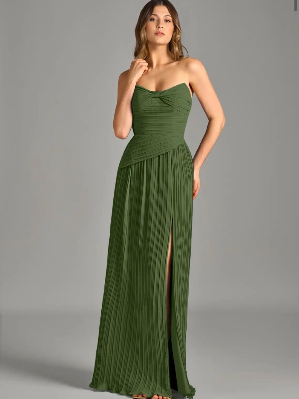 Strapless Olive Green Pleated Evening Dress